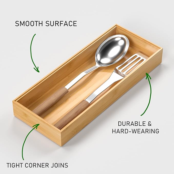 Bamboo Drawer Organizer, Stackable Utensil Organizer for Kitchen, Bamboo Storage Box Wood Silverware Tray for Drawer 15" x 6" x 2" Set of 2