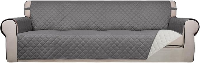PureFit Reversible Quilted Sofa Cover, Water Resistant Slipcover Furniture Protector, Washable Couch Cover with Non Slip and Elastic Straps for Kids, Dogs, Pets (4 Seater Sofa, Gray/Ivory)