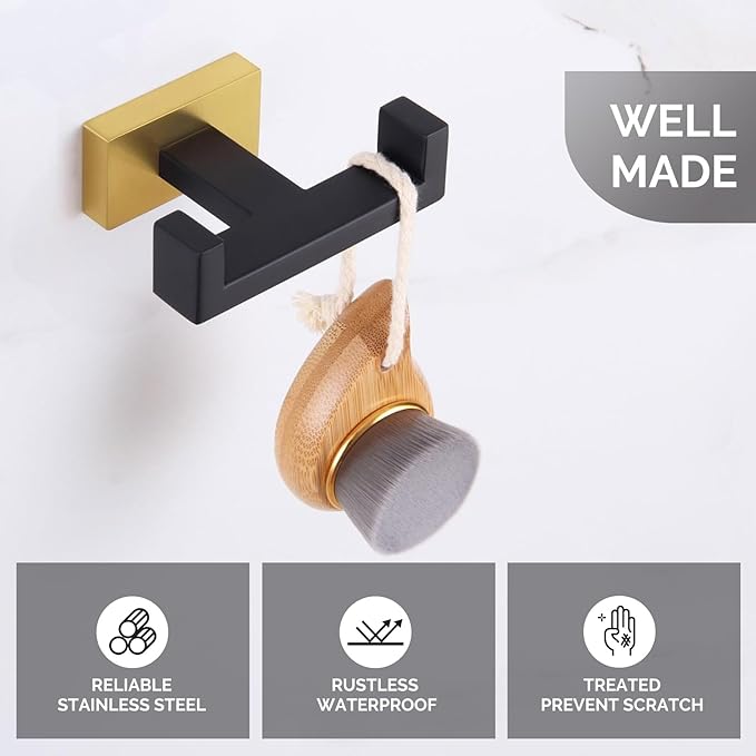 Angle Simple Towel Hook Black & Gold 2 PCS, Stainless Steel Double Hook for Bathroom, Square Robe Hook, Hand Towel Holder for Wall