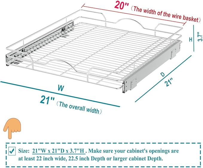 OCG Pull Out Cabinet Organizer (21" W x 21" D), Pull out Shelves 1 Tier, Cabinet Slide Out Shelves for Base Cabinet Organization in Kitchen Bathroom Pantry, Bottom Mount, Chrome Finish