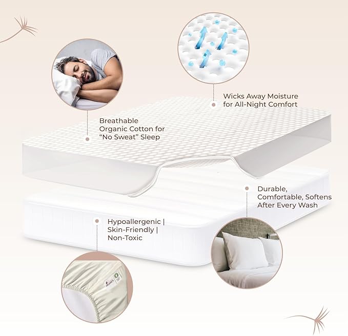 100% Cotton Organic Mattress Pad - Breathable, Cooling, Not Waterproof Mattress Protector Twin Size - Premium 300GSM Quilted and Noiseless Machine Washable Organic Mattress Protector (White, Twin)