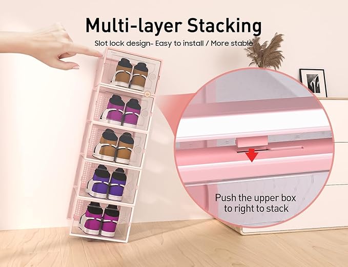 Kuject X-Large Shoe Storage Boxes Organizers Clear Plastic Stackable 12 Pack, Shoe Rack & Holder Substitute, Sneaker Containers, Toy Storage Organizer Bins for Entryway, Closet, Under Bed, Pink