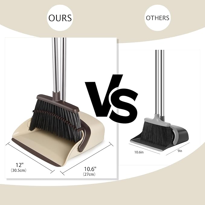 Broom and Dustpan Set, Dustpans with Broom Combo for Home, Heavy Dust Broom and Dustpan Combo, Long Handle Dust Pan and Broom Set for Kitchen, Office, Pet Hair,Beige, Pack of 1