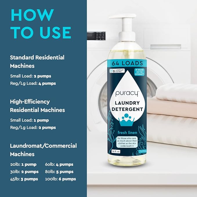 Puracy Laundry Detergent - Enzyme-Powered Liquid Laundry Detergent Concentrate, Natural Laundry Detergent Seen on TikTok, Non-Toxic (Fresh Linen, 16 fl oz, 64 Loads)