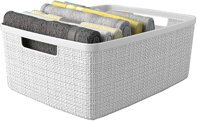 Curver Set of 6 Jute Medium Decorative Plastic Organization and Storage Baskets, Perfect Bins for Home Office, Closet Shelves, Kitchen Pantry and All Bedroom Essentials, White