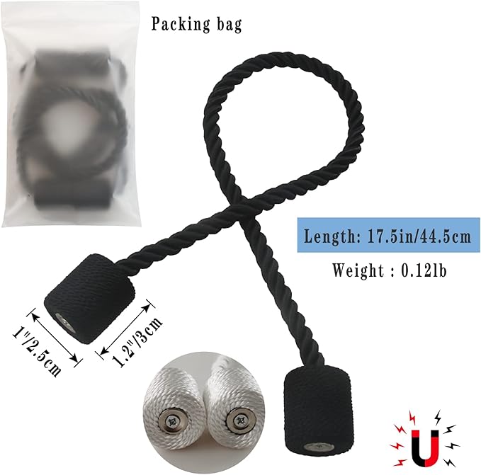 Magnetic Curtain Tiebacks 4 Pack Black Curtain Rope Tieback Curtain Holders for Drapes Modern Tie Backs Decorative Curtain Holdbacks