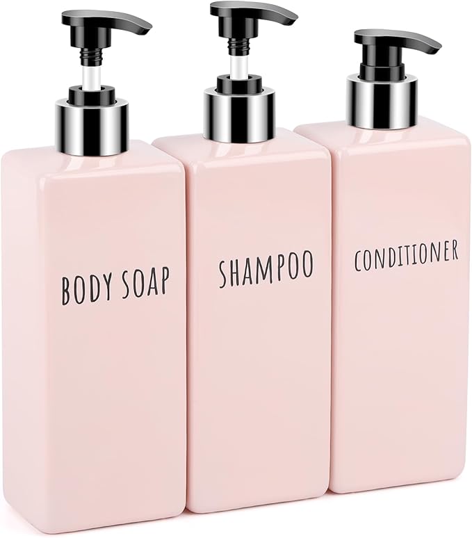 Segbeauty 16.9oz Shower Bottles Refillable, 3 Pack of Shampoo and Conditioner Bottles for Bathroom, 500ml Plastic Square Soap Dispenser Set Lotion Dispenser Empty Press Pump Bottle Pink