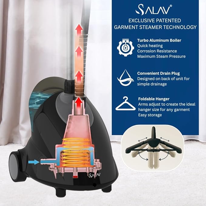 SALAV GS18-DJ Standing Garment Steamer with Smart Auto-Off, Wheels for Easy Movement, 1.8L Water Tank for 1hr Continuous Steaming, Adjustable Pole for Storage, with Descaler Packet, 1500 watts