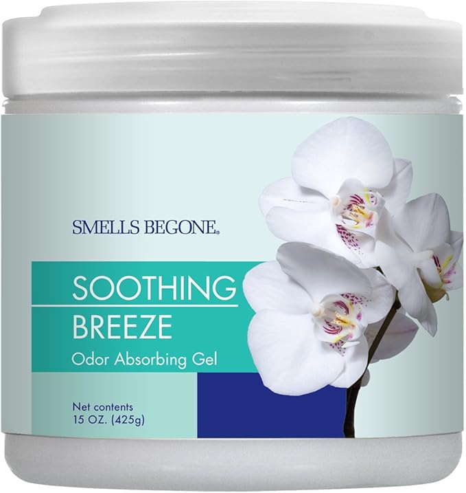 SMELLS BEGONE Air Freshener Odor Absorber Gel - Absorbs Odor from Bathrooms, Cars, Pet Areas, Boats and RVs - Made with Essential Oils - Soothing Breeze Scent - 15 Ounce