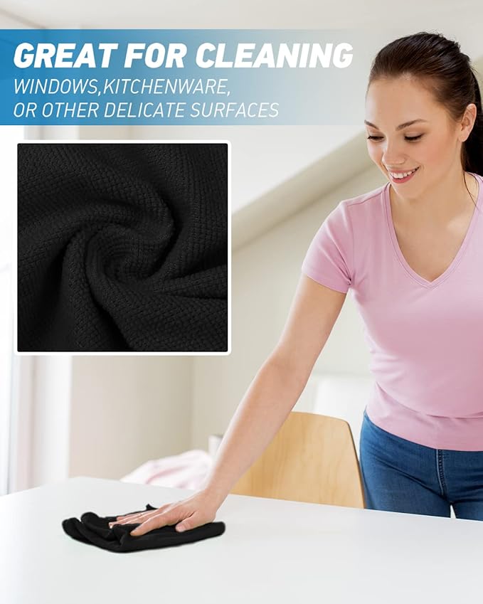 Microfiber Cleaning Cloth-24Pcs (13x13 inch) Ultra Soft Highly Absorbent Rags for Housekeeping-Machine Wash (Black)
