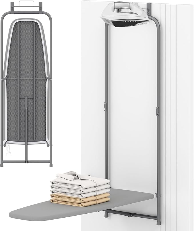 COSTWAY Over The Door Ironing Board, Space-Saving Metal Hanging Ironing Board with Iron Holder & Cotton Cover, Compact Fold Down Iron Stand for Home, Apartment, Laundry Room, Dorm, Gray