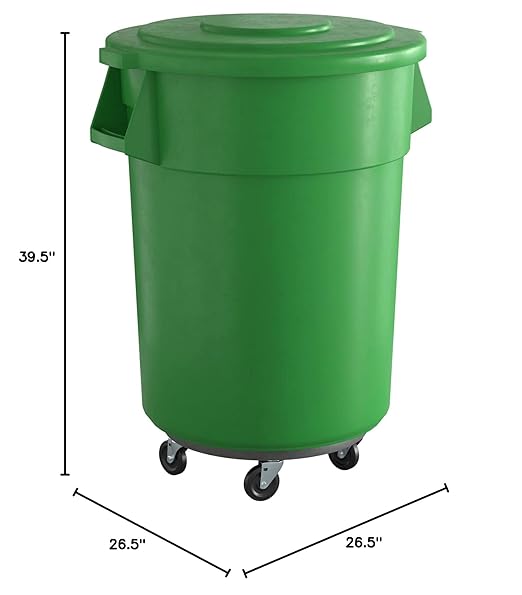 55 Gallon Green Round Commercial Trash Can with Lid and Dolly