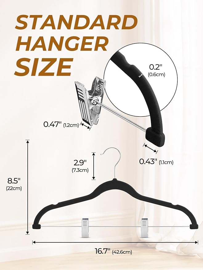 HOUSE DAY Velvet Skirt Hangers 72 Pack, Black Velvet Hanger with Adjustable Clips, Space Saving Slim Pant Hangers, Heavy Duty Non Slip Clip Hanger for Pants, Skirts, Shorts