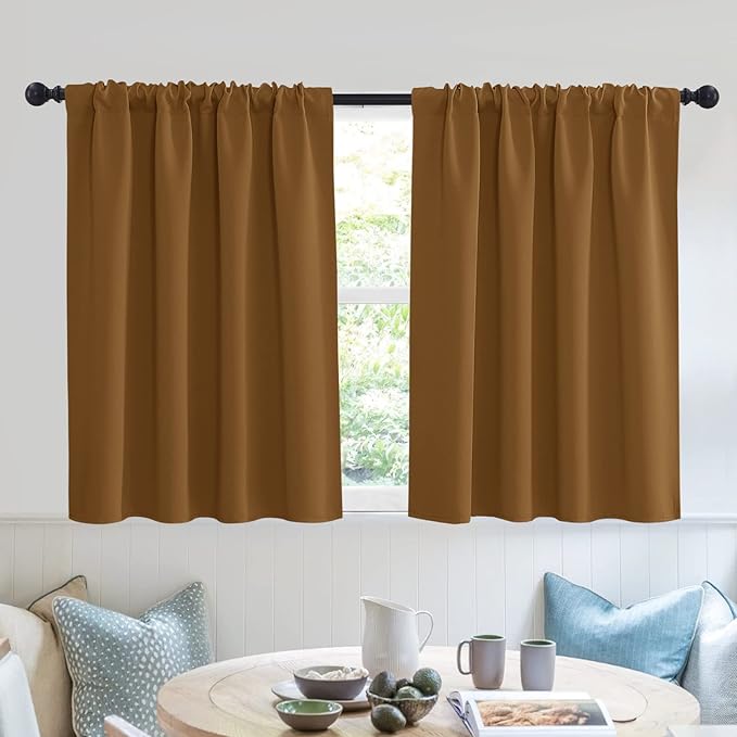 RYB HOME Small Curtains Blackout - Privacy Energy Efficiency Mini Curtains for Kids Bedroom RV Camper Windows Trailer Bathroom Kitchen Cabinet Window Tiers, W 29 x L 30, Gold Brown, 2 Panels