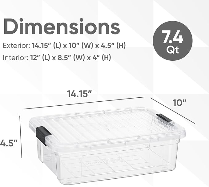 Superio Storage Bins with Lids- 4 Pack, 7.4 Qt Clear Boxes for Organizing, Stackable Plastic Containers- BPA Free, Non-Toxic, Odor Free, Organizer for Home, Office, Dorm