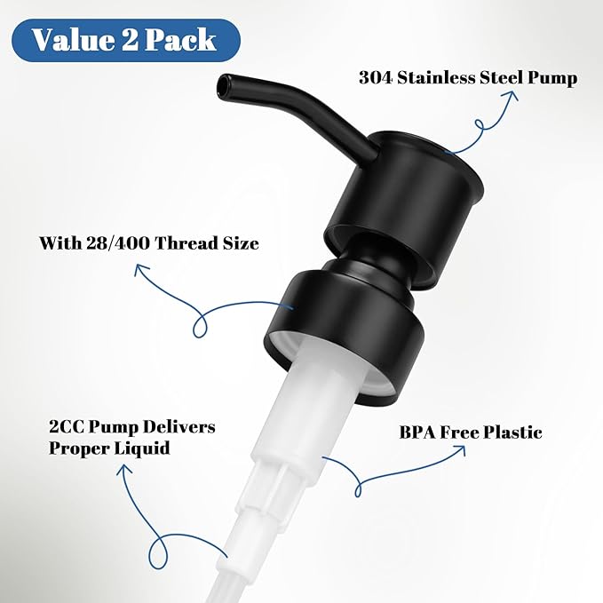 Soap Dispenser Pump Replacement 304 Stainless Steel for Regular Mouth Bottle for Standard 28/400 Thread Size Kitchen Bathroom Lotion Refill Dispenser 2 Pack(Black)