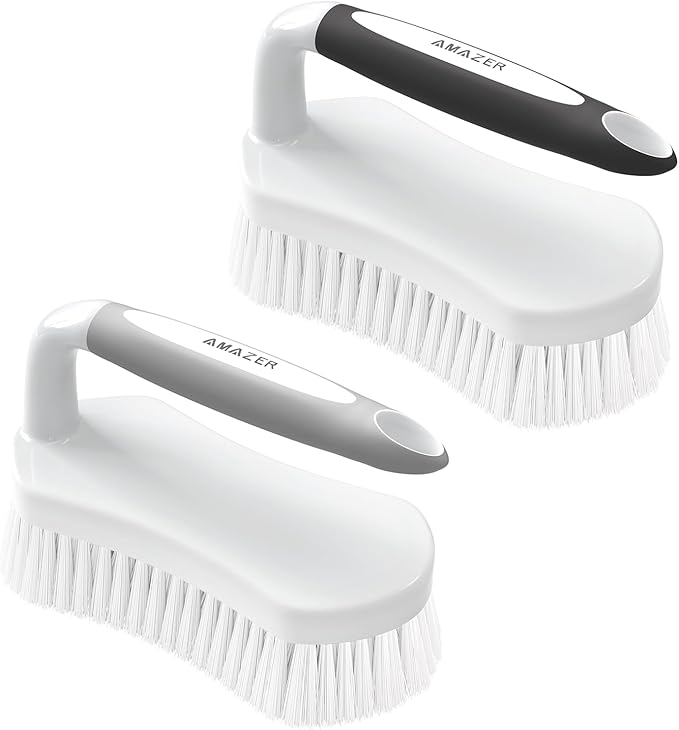 Amazer Scrub Brush for Cleaning Comfort Grip Bathtub Scrubber Stiff Bristles with Handle Heavy Duty Shower Cleaner Brush for Tub Carpet Floor Sink Outdoor - Pack of 2 (Black+Grey)