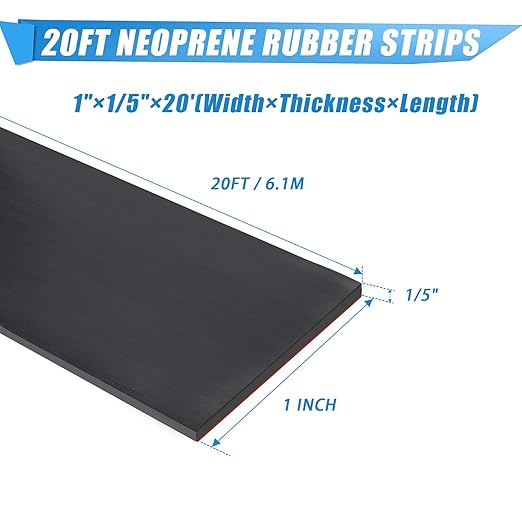 Adhesive Rubber Strips Neoprene Rubber Sheets, Rolls & Strips with Adhesive Backing Rubber Pads Self Stick Seal Rubber Gasket Adhesive Back for Matting Padding - 1" Wide x 1/5" Thick x 20' Long