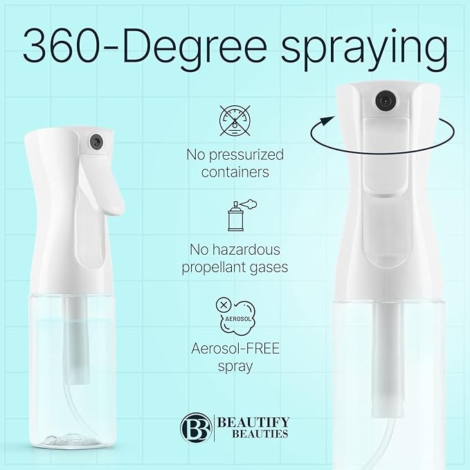 BeautifyBeauties Hair Spray Bottle – Ultra Fine Continuous Water Mister for Hairstyling, Cleaning, Plants, Misting & Skin Care (White, 6.8 Ounces)