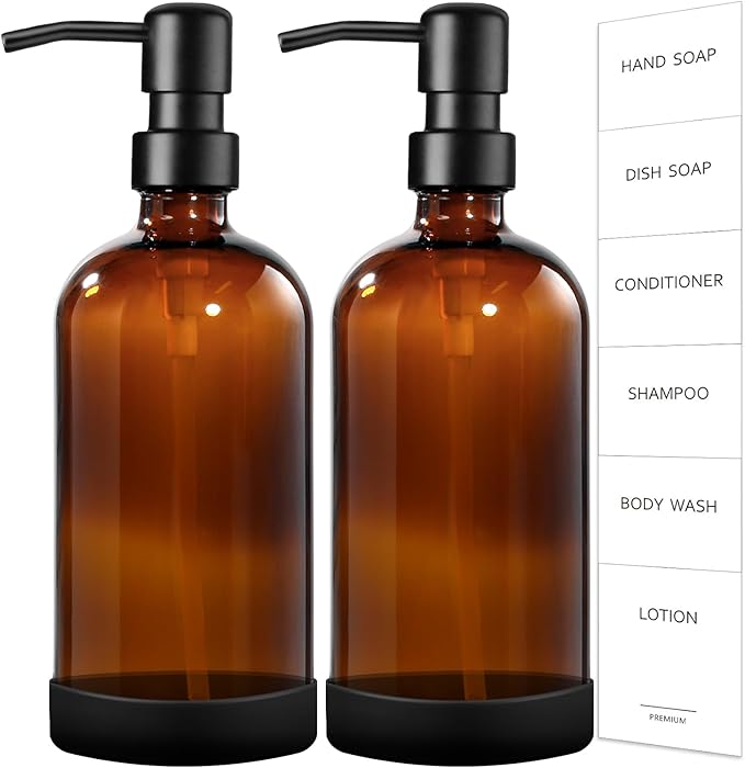 GMISUN Amber Glass Soap Dispenser with Silicone Sleeve Boot, 2 Pack Bathroom Hand Soap Dispensers with Pump, 17 Fl Oz Kitchen Hand and Dish Soap Dispenser Set, Liquid Soap Dispensers Bottle