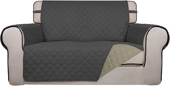 PureFit Reversible Quilted Sofa Cover, Water Resistant Slipcover Furniture Protector, Washable Couch Cover with Non Slip and Elastic Straps for Kids, Dogs, Pets (Loveseat, Dark Gray/Beige)