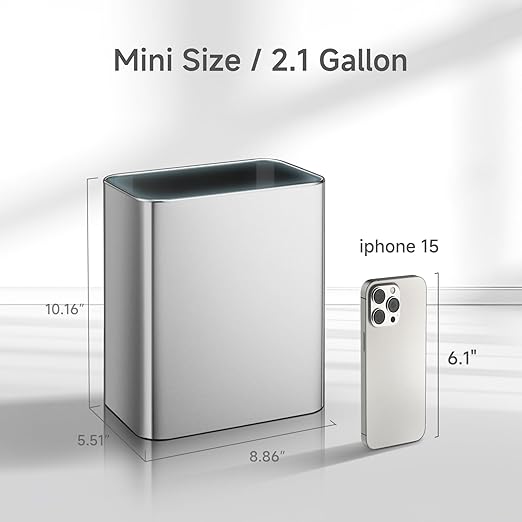 TIPGO Small Metal Trash Can, 2.1 Gallon Slim Trash Can for Bathroom, Wastebasket Garbage Bin for Bedroom, Office, Kitchen, Under Sink (Silver)