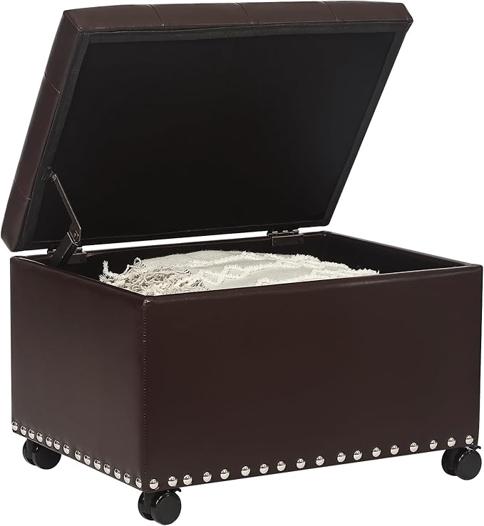 Leather Storage Ottoman Bench with Steerable Rolling Wheels, Rectangle 24 Inch Foot Rest Ottomans Stool for Living Room Bedroom (Vintage Brown)