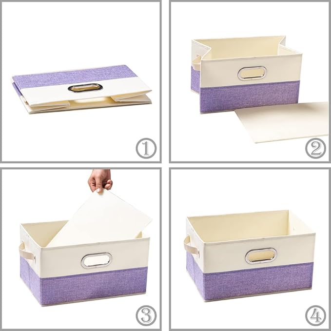 PRANDOM Fodable Storage Bins for Closet [3-pack] Decorative Fabric Storage Baskets Cubes with Leather/Metal Handles for Shelves Bedroom Living Room Purple&Cream (11.5x8.5x6.7 Inch)