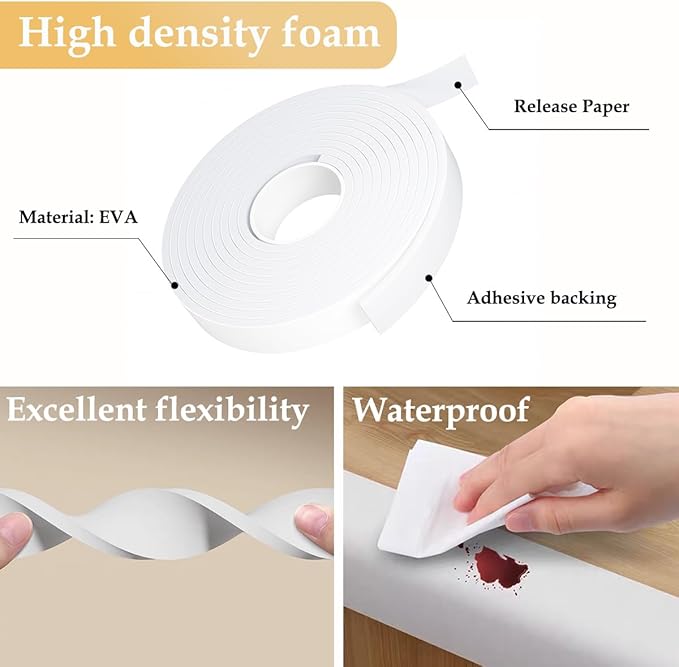 Weather Stripping Door Seal White,1Inch Wide X 1/4 Inch Thick,Air Conditioner Window Seal,Self Adhesive Foam Tape High Density Foam Sealing Strip,Door Soundproof Foam Tape Roll,2 Rolls Total 32.8Ft