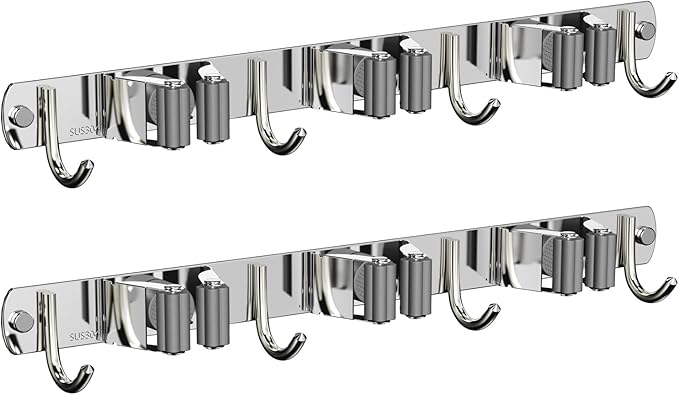 2 Pack Mop and Broom Holder Wall Mount, Non-slip Broom Hanger, Heavy Duty Mop Broom Organizer for Kitchen Garden Garage Laundry Room Wall Decor Organization and Storage Silver 3R4H