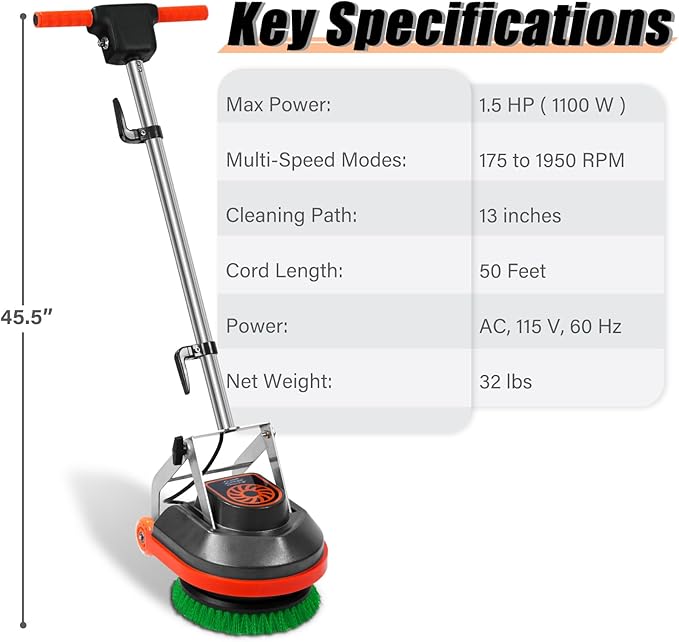 Commercial Floor Scrubber Machine, 13" Heavy Duty Orbital Floor Cleaner Buffer and Polisher- Deep Cleaning Hard Floors and Carpets with Ease, 3 Brushes & 3 Cleaning Pads, Orb-6