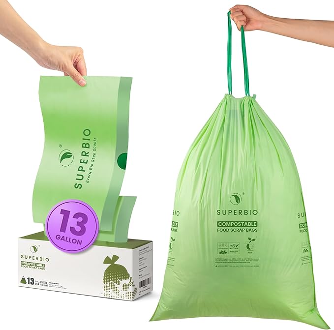 SUPERBIO 13 Gallon Compostable Drawstring Kitchen Waste Bag, 49.2 Liter, 30 Count,1 Mil, Heavy Duty Food Scrap Bags, BPI, Seedling and OK compost INDUSTRIAL