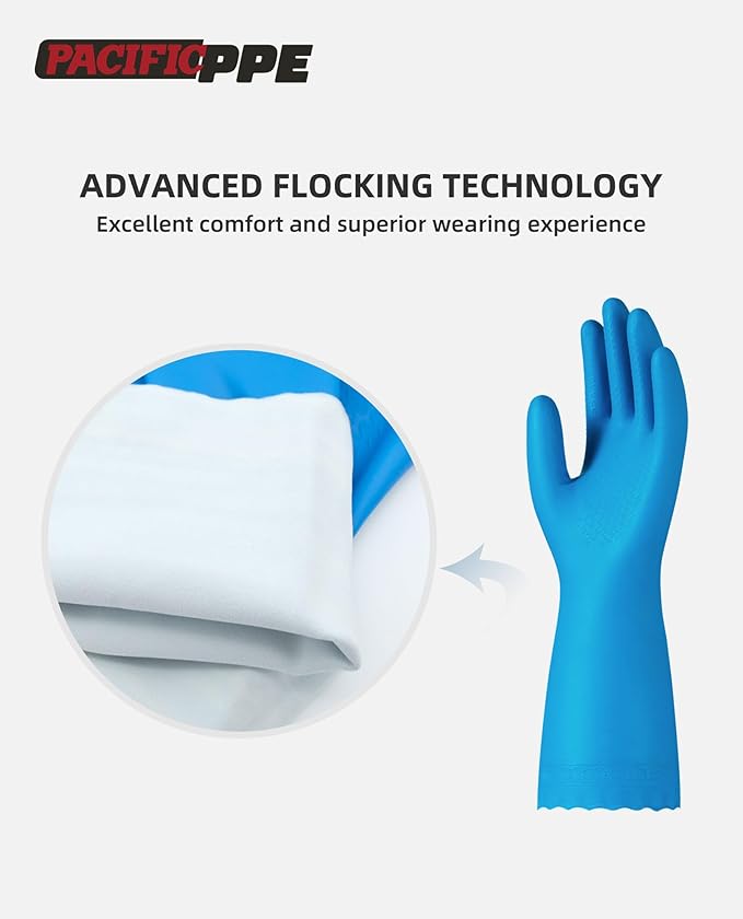 PACIFIC PPE 2 Pairs Reusable Dishwashing Cleaning Gloves with Latex Free, Cotton Lining, Kitchen Gloves, Blue, Large