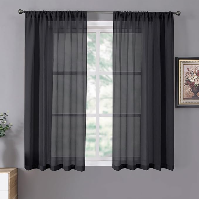 Tollpiz Sheer Curtains Living Room Linen Textured Curtain Sheers Light Filtering Voile Rod Pocket Curtains for Bedroom, 38 x 63 inches Long, Black, Set of 2 Panels