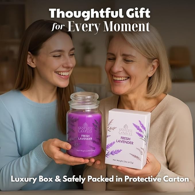 Fresh Lavender Candle 22oz Glass Jar with Wooden Wick in a Decorated Jar Within a Presentation Gift Box and Protective Shipping Box