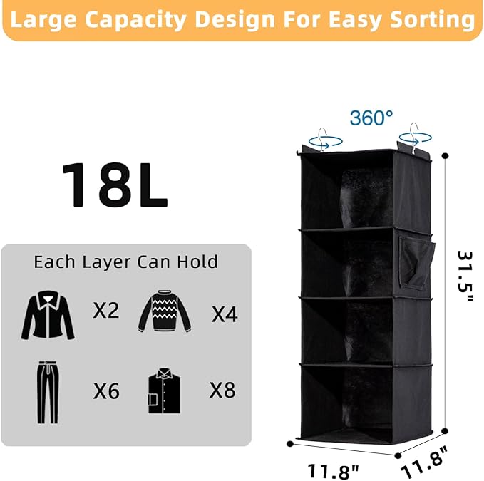 2 Packs Hanging Closet Organizer, 4-Shelf Closet Organizers and Storage with Side Pockets, Collapsible Hanging Shelves for Closet & RV & College Dorm,Black