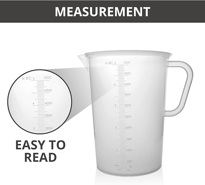 Plastic Graduated Measuring and Mixing Pitcher - 5000ml Plastic Graduated Measuring Pitcher - Soap Making Supplies for Easy Pouring & Accurate Measurements, With Handle & Pour Spout, 5 Liter