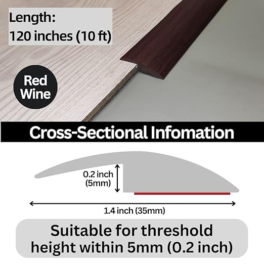 Floor Transition Strip Self Adhesive Carpet Wood Tile Vinyl Flooring Laminate Transition Cover Edge Trim Gap Doorway Threshold for Uneven Floors Heights Within 5 mm (120 inches, Red Wine)