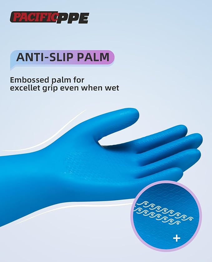 PACIFIC PPE 4 Pairs Reusable Dishwashing Cleaning Gloves, Household, Kitchen, Cotton Liner, Blue, Small