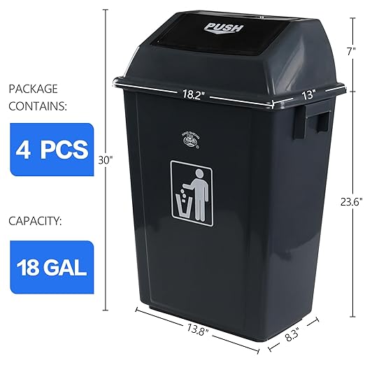 18 Gallon Plastic Trash Can with Swing Lid, 4-Pack Large Kitchen Swing-Top Garbage Can, Grey