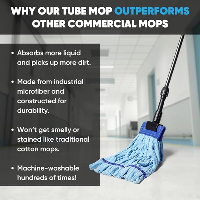 Commercial Mop Head Replacement – 1 Pack Blue Medium Microfiber Tube Mop (14 oz.) | Industrial Wet Mops | Refill Heads, Machine Washable, Heavy Duty | Hardwood, Tile, Laminate, Vinyl Floors