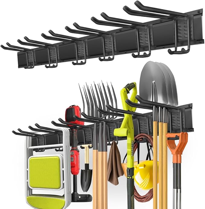 Garage Tool Organizer Wall Mount with 48 inches Rails and 6 Double-layer Hooks, Garden Tool Rack Heavy Duty, Garage Hanging Storage Rack For Yard Tools, Shovel, Shed