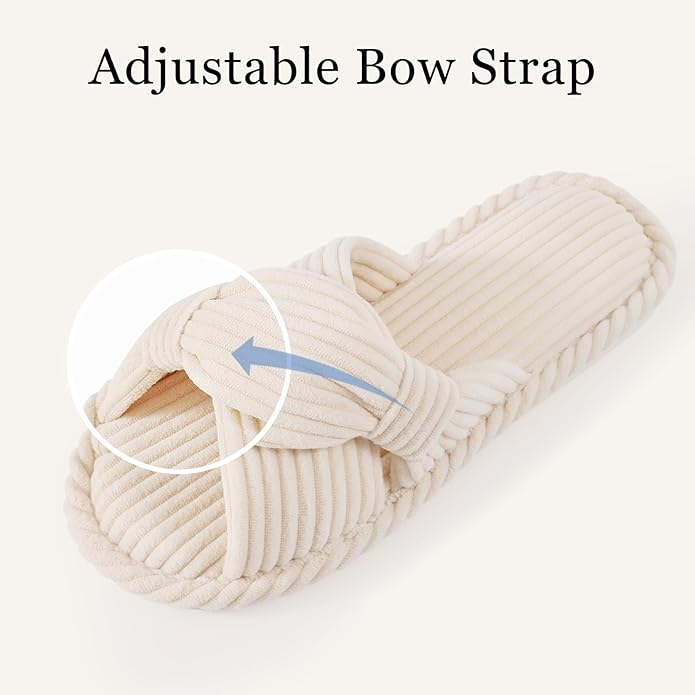 Evshine Summer House Slippers for Women Corduroy Cross Bow Indoor Slippers Open Toe Slip On Bedroom Shoes with Memory Foam