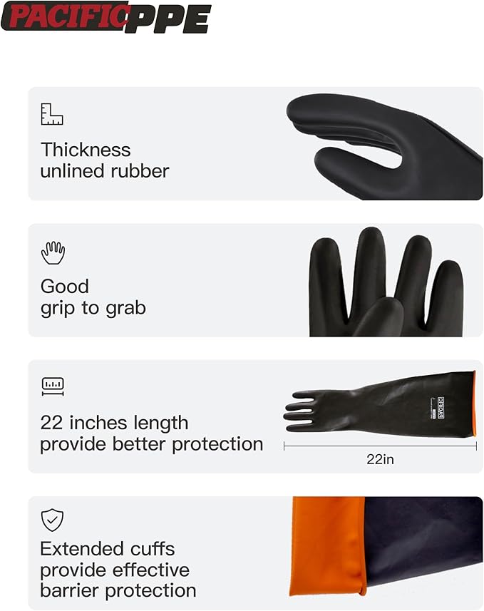PACIFIC PPE Heavy Duty Latex Chemical Gloves, Strong Acid Resistance Rubber Gloves, Against Alkali and Oil, 22", 1 Pair