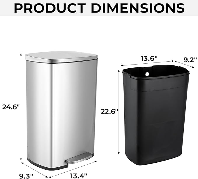 8 Gal Kitchen Trash Can, 30L Recycling or Garbage Bin, Brushed Stainless Steel Waste Basket, Soft&Quiet Close Dustbin, with Step-On Pedal, Removable Inner Bucket, for Home, Office, LIving Room