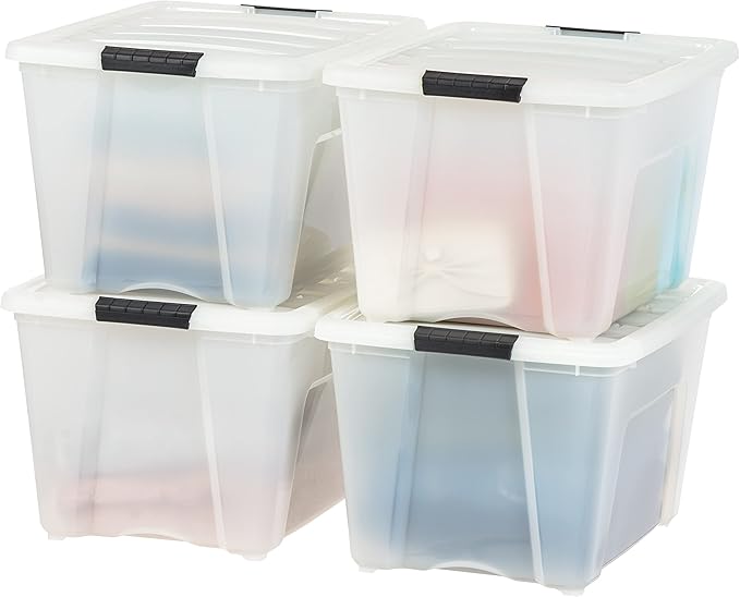 IRIS USA 54 Qt Stackable Plastic Storage Bins with Lids, 4 Pack - BPA-Free, Made in USA - Discreet Organizing Solution, Latches, Durable Nestable Containers, Secure Pull Handle - Pearl