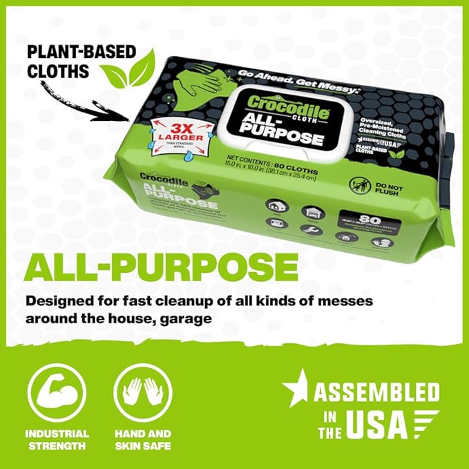 Crocodile Cloth All-Purpose Cleaning Wipes – 8 Pack/640 Total Count, 15"x10" Extra Large Plant-Based Disposable Cloths – Moist, Absorbent, Safe on Skin, Multi-Surface Use