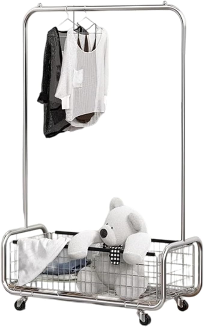 Garment Rack With Storage Baskets,Clothing Rack for Hanging Clothes, Multi-functional Bedroom Clothes Rack with Wheels for Bedroom, Living Room, Easy Assembly (24inch length)