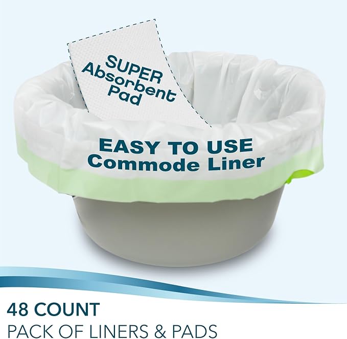 Disposable Bedside Commode Liners and Pads for Portable Toilet Chair Seat Bucket and Bedpan | Combo Pack of 48 Waste Bags and 48 Absorbent Pads | Universal Fit