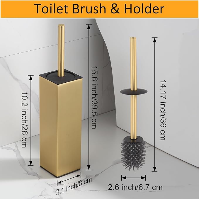 BGL Standing Toilet Brush and Holder Brushed Gold Aluminium Toilet Bowl Cleaner Brush and Holder for Bathroom Storage and Organization, Square Design Sturdy and Space Saving